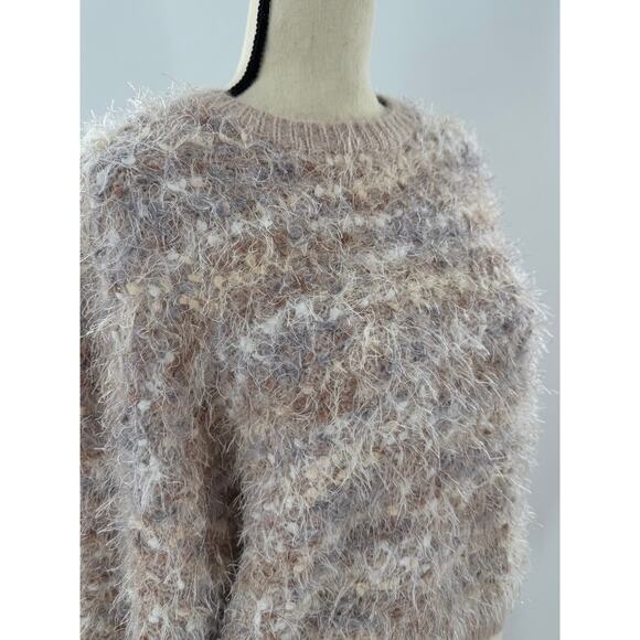 Anthropologie Raga Emberly Beige Pink Fuzzy Eyelash Crewneck Sweater M - Picture 6 of 11